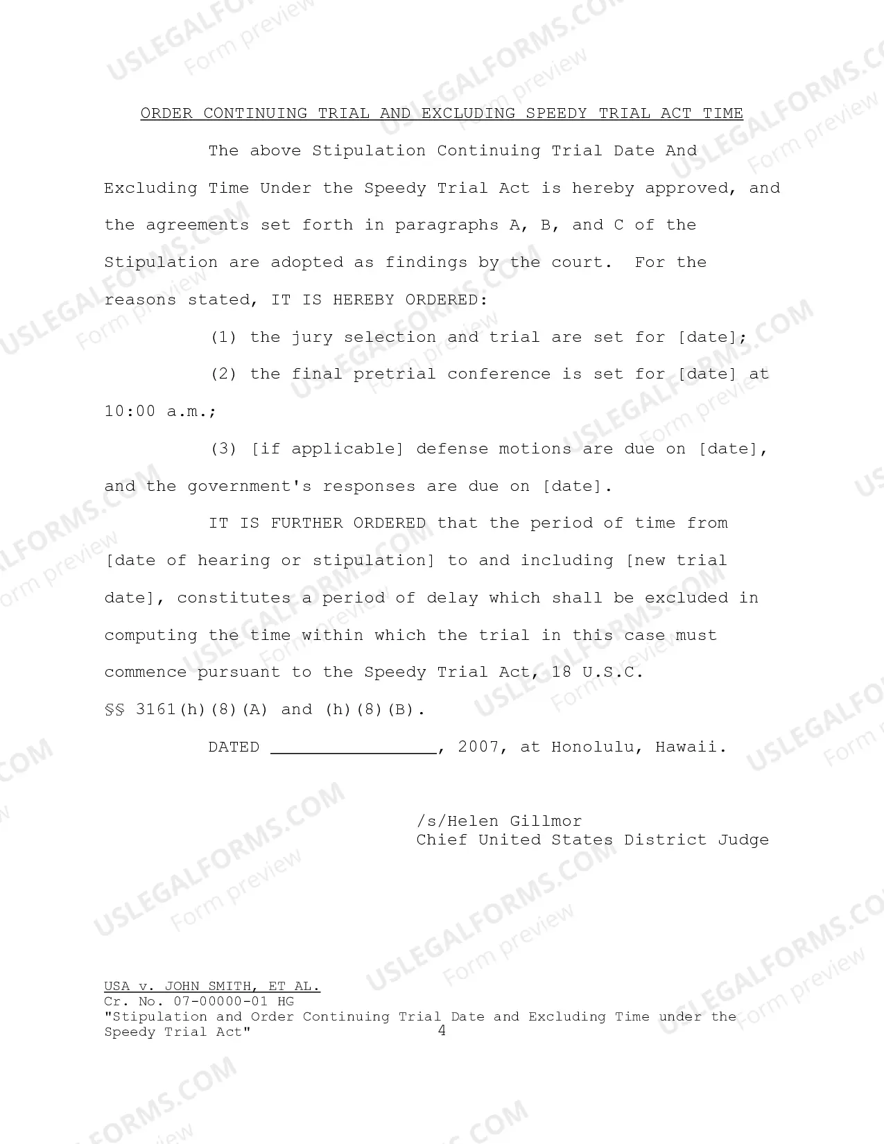 Preview SAmple Stipulation and Order Continuing Trial Date and Excluding Time under the Speedy Trial Act