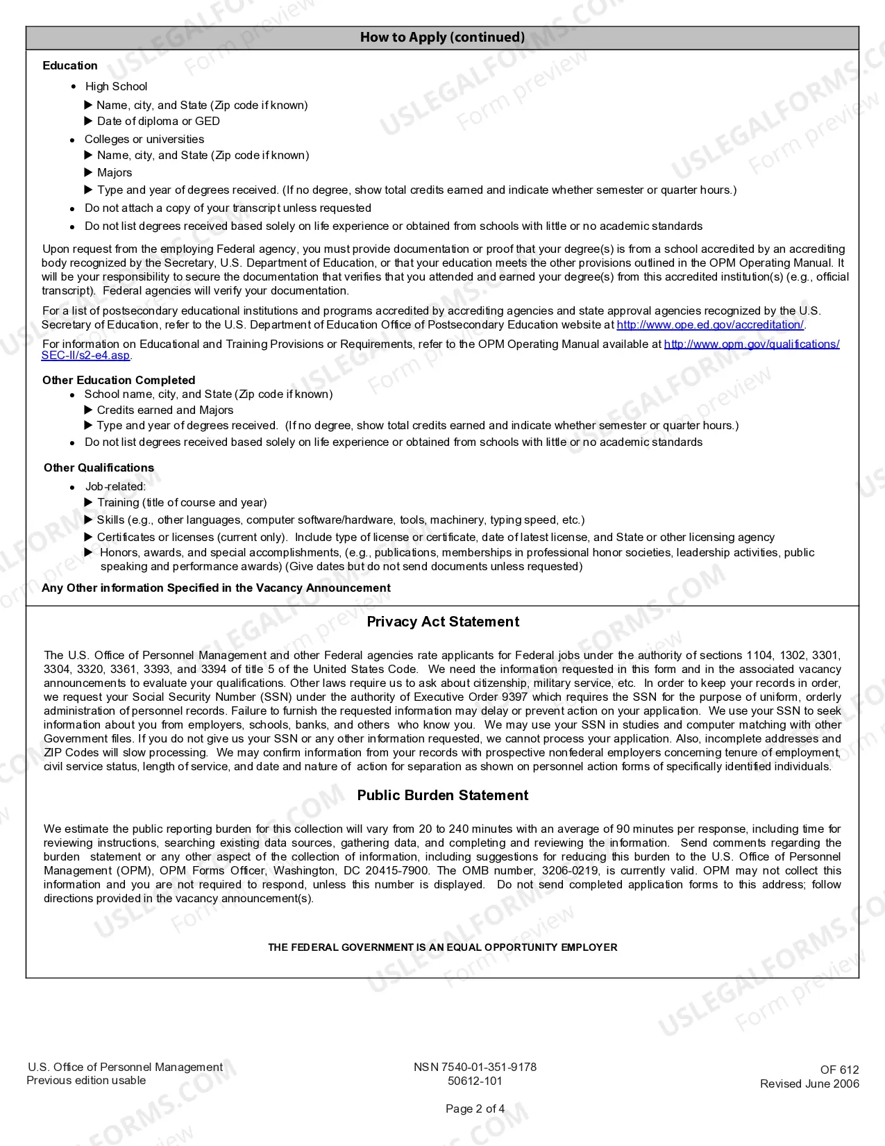 Preview Optional Application for Federal Employment