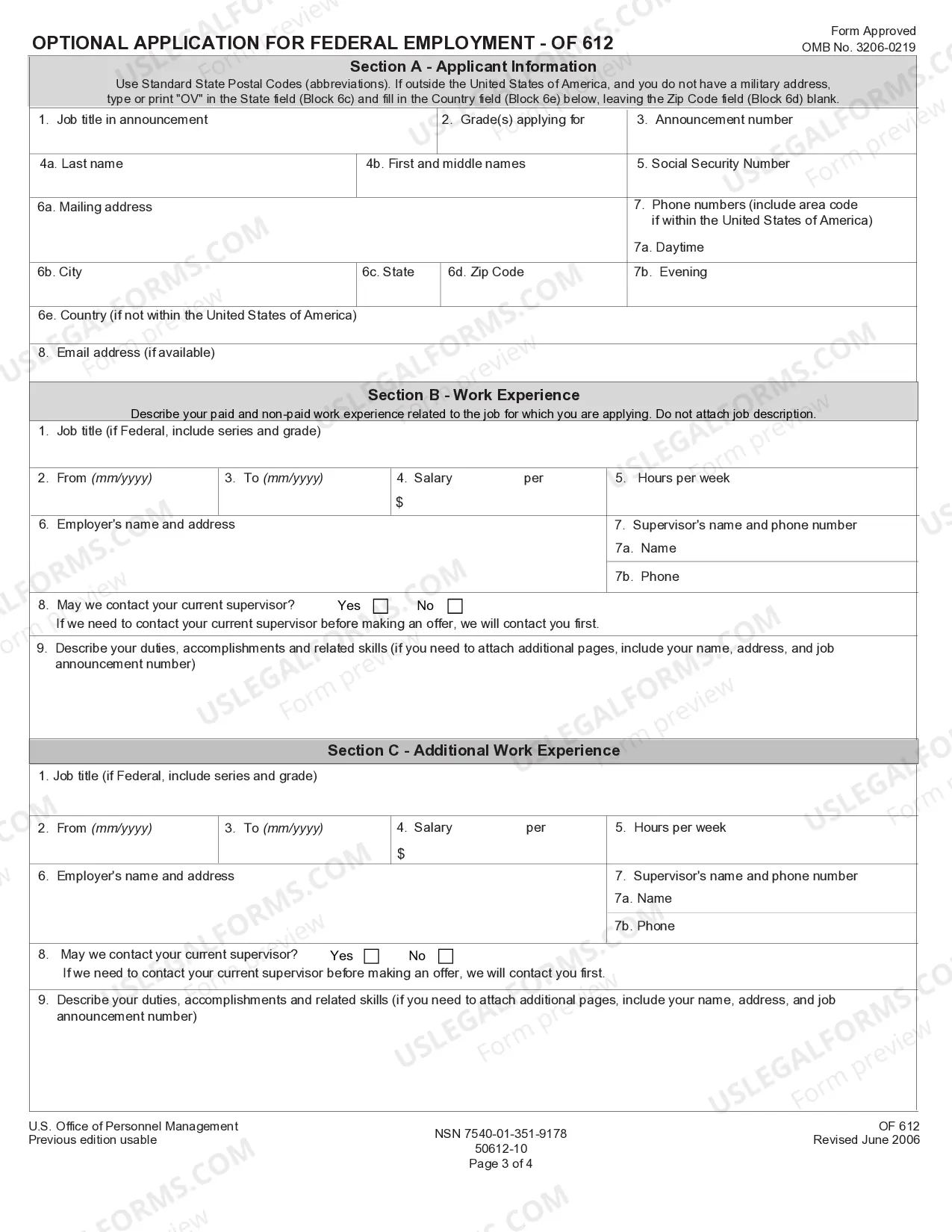 Preview Optional Application for Federal Employment