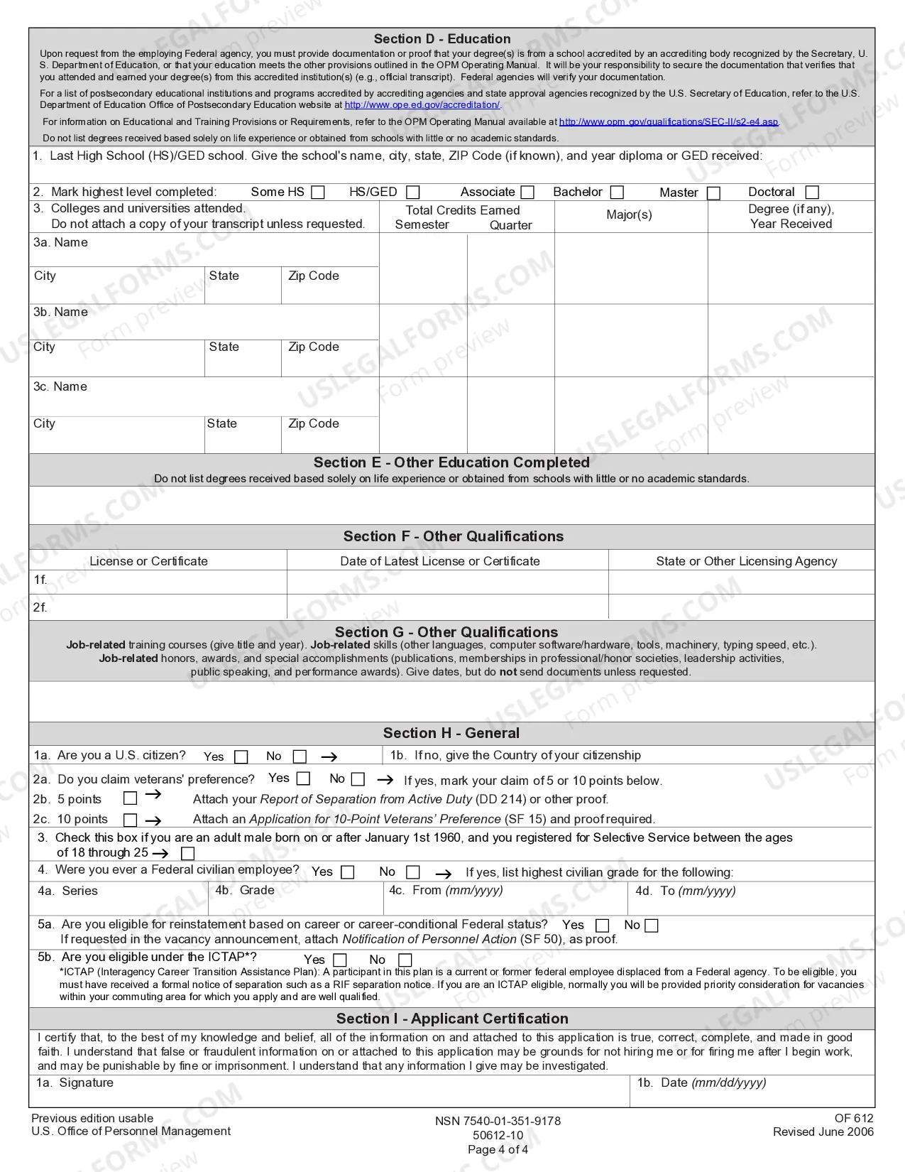 Preview Optional Application for Federal Employment