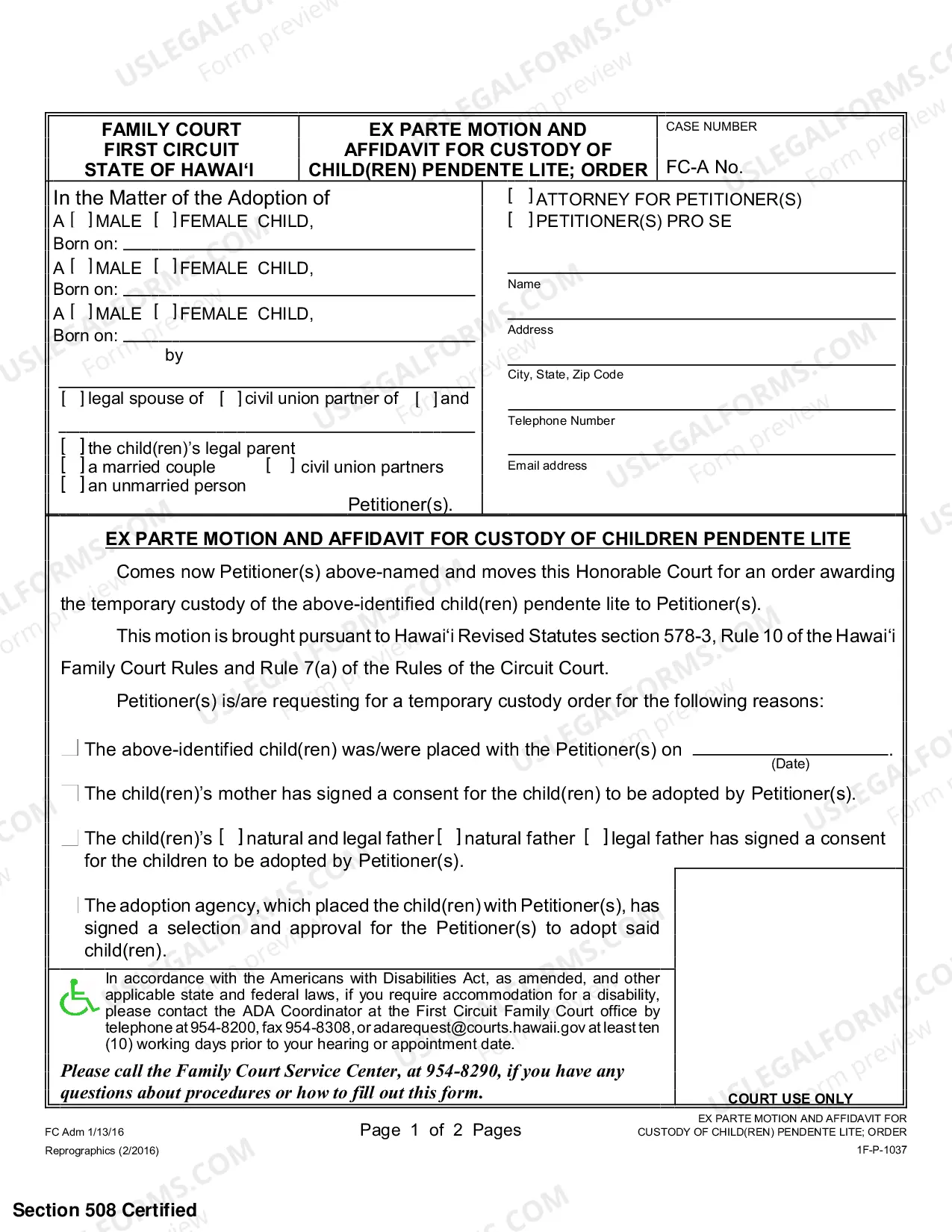 Preview Ex Parte Motion and Affidavit For Custody of Children