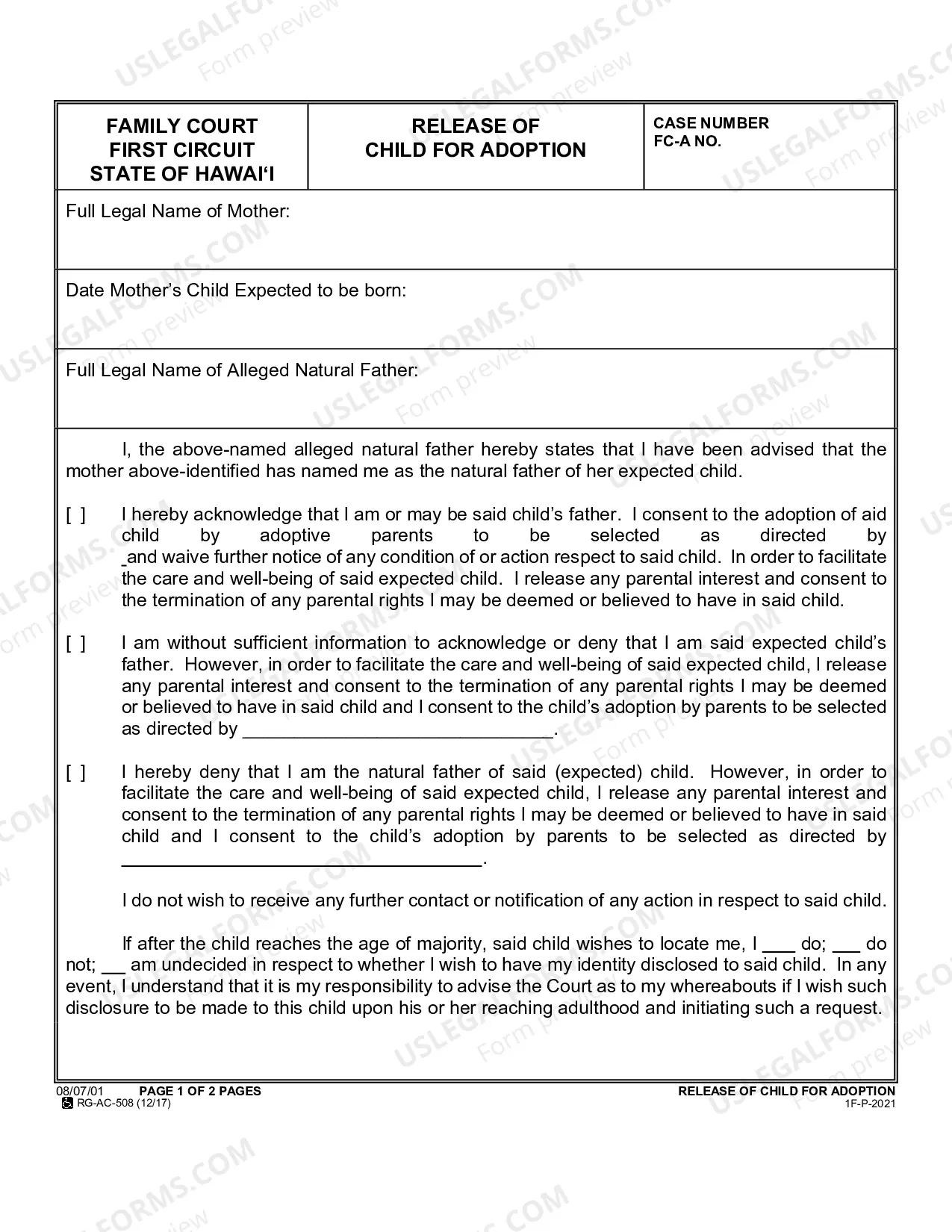 Preview Release of Child For Adoption