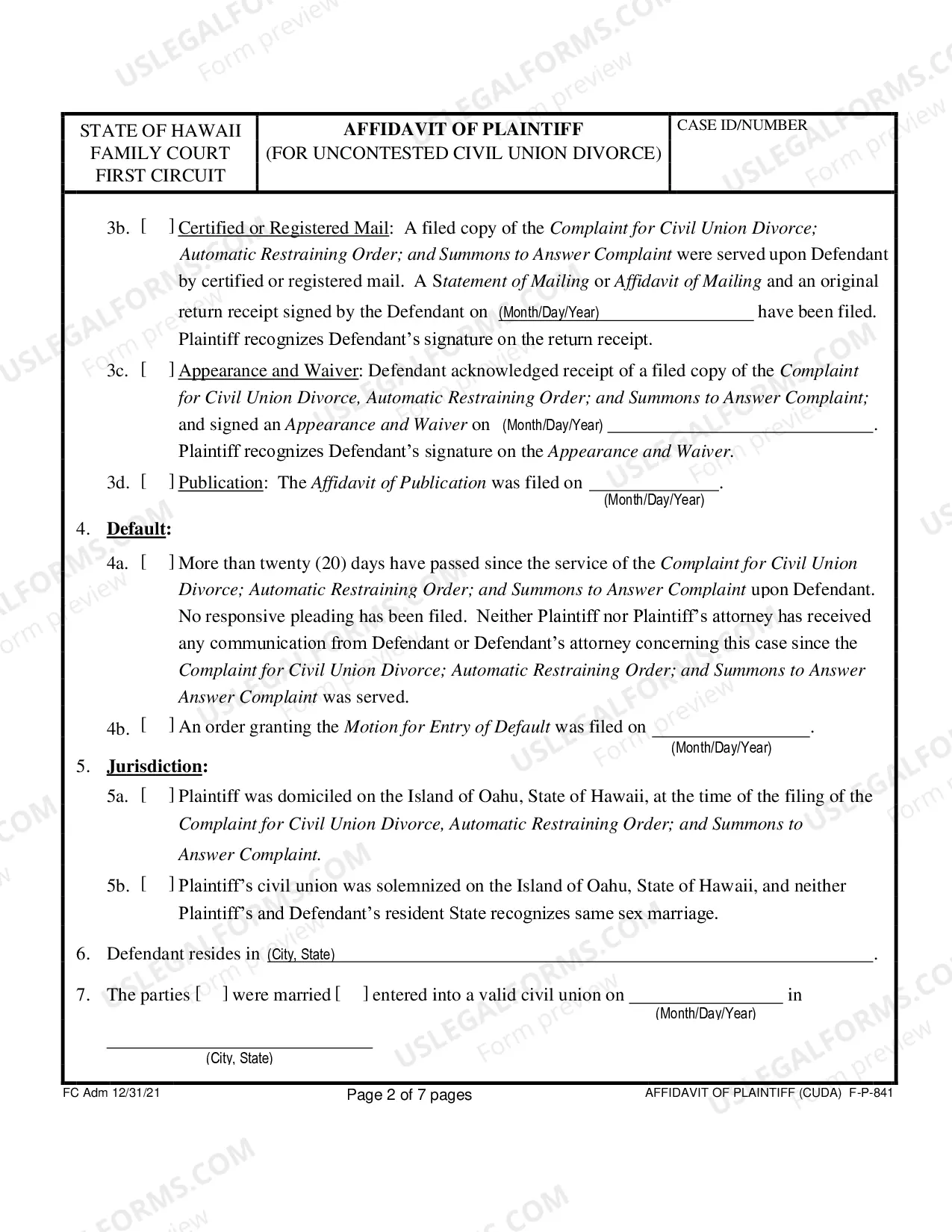 Preview Affidavit of Plaintiff For Uncontested Divorce