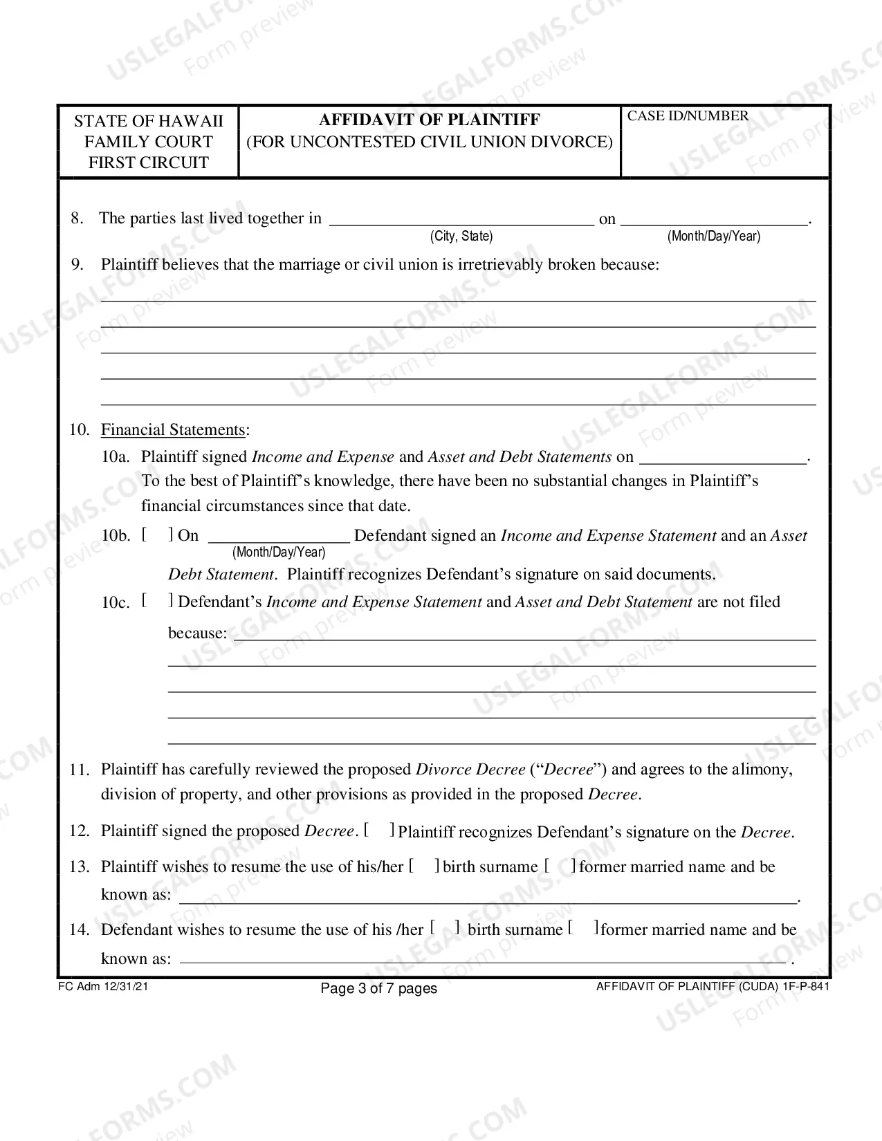 Preview Affidavit of Plaintiff For Uncontested Divorce