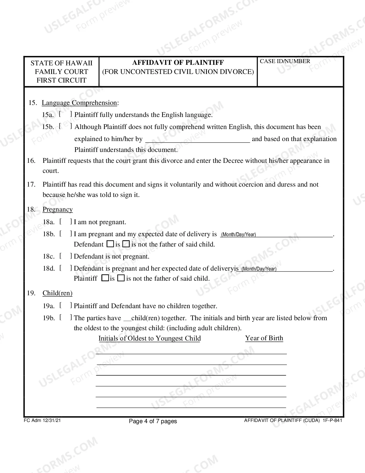 Preview Affidavit of Plaintiff For Uncontested Divorce