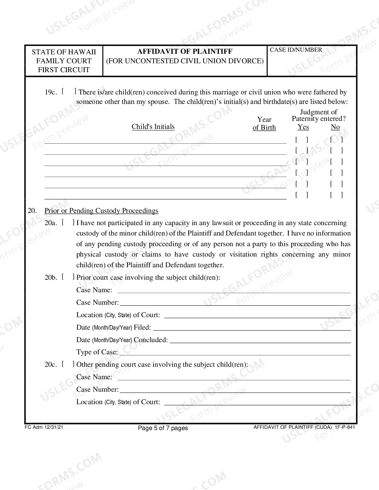 Preview Affidavit of Plaintiff For Uncontested Divorce