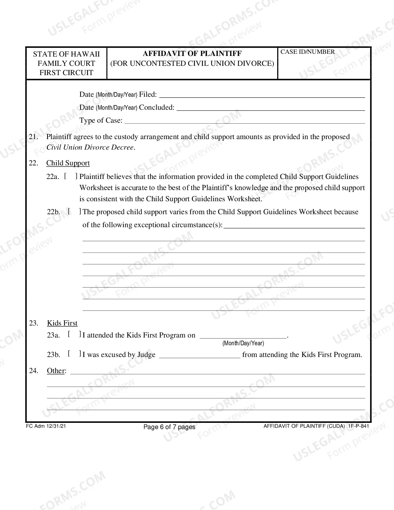 Preview Affidavit of Plaintiff For Uncontested Divorce