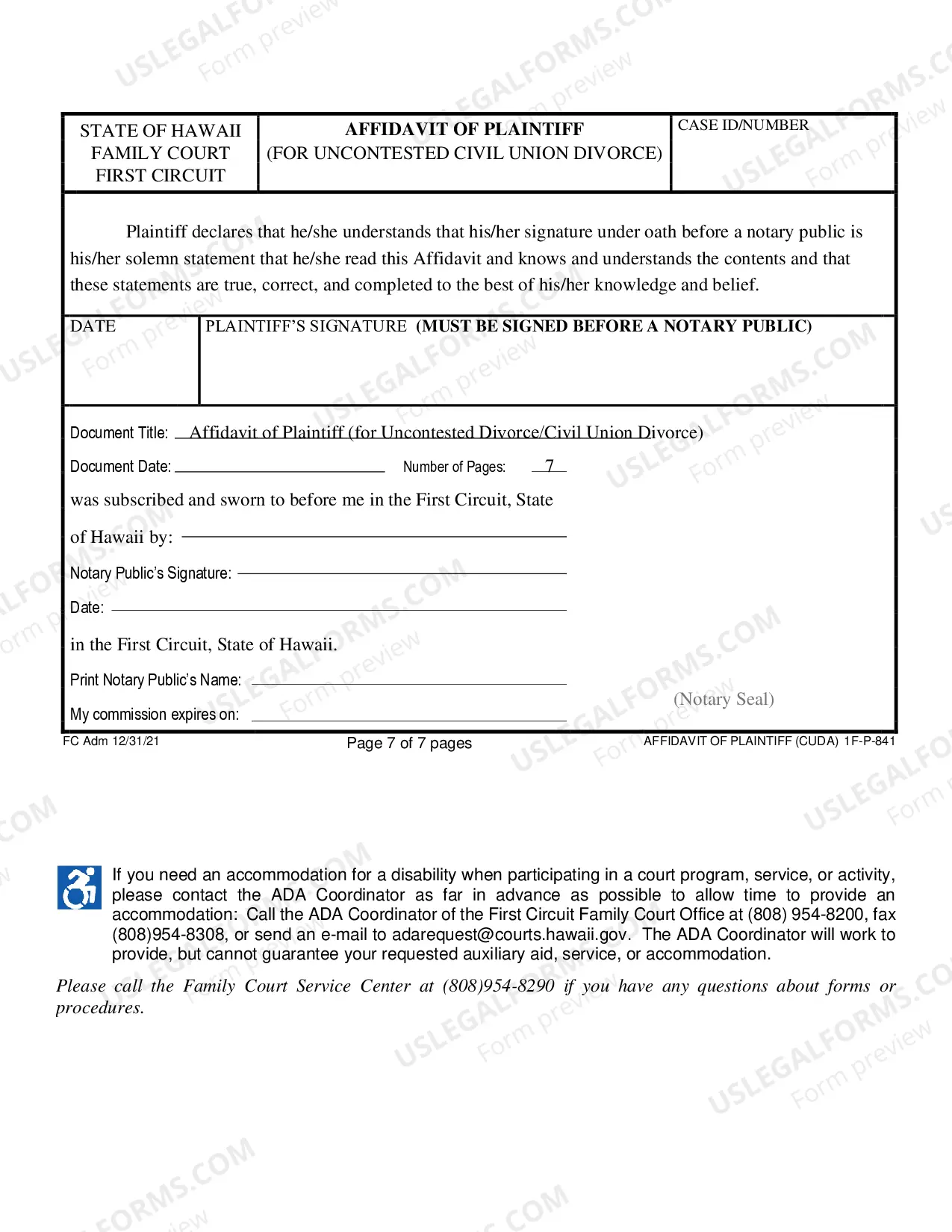 Preview Affidavit of Plaintiff For Uncontested Divorce