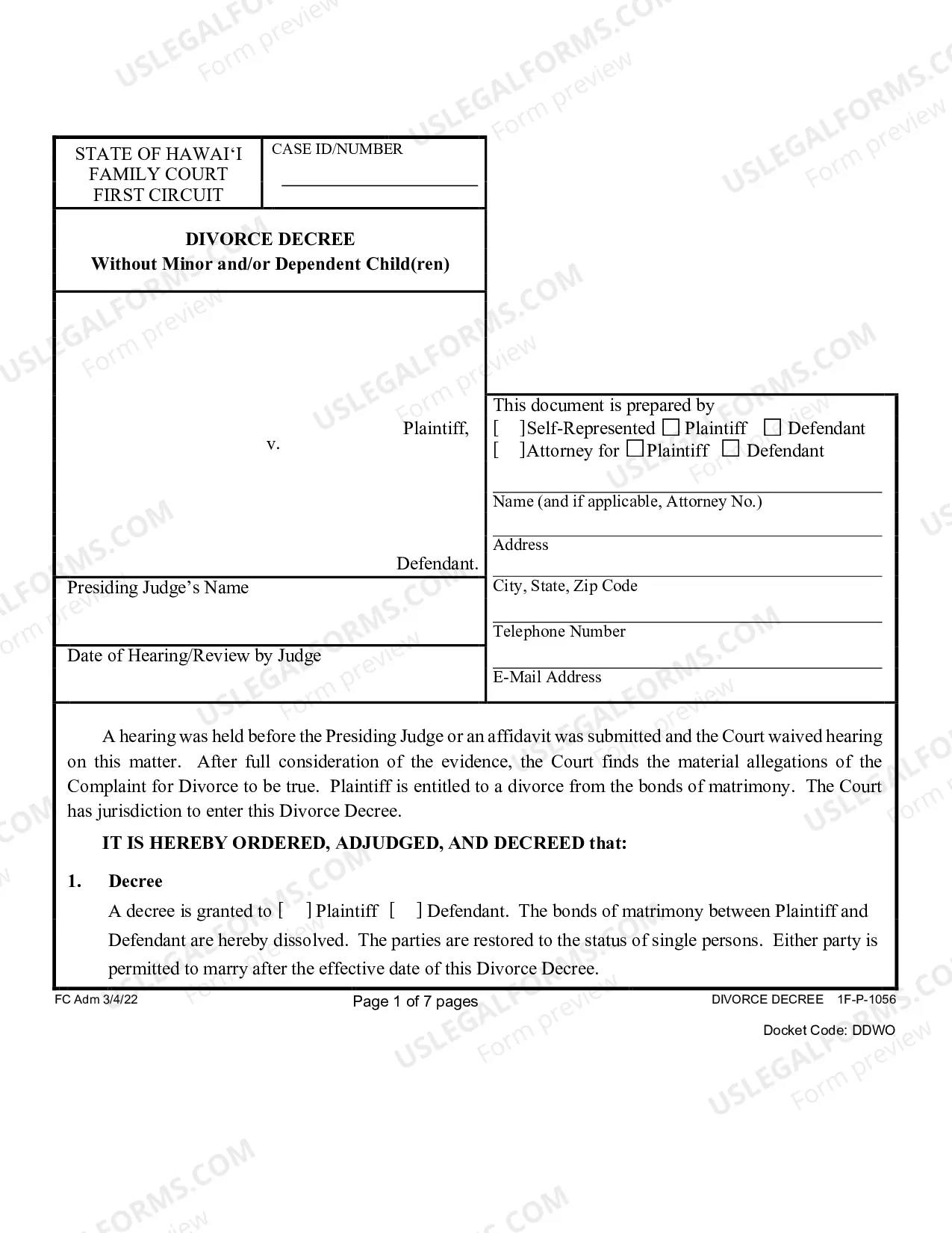 Preview Divorce Decree (Without Minor and Or Dependent Children)