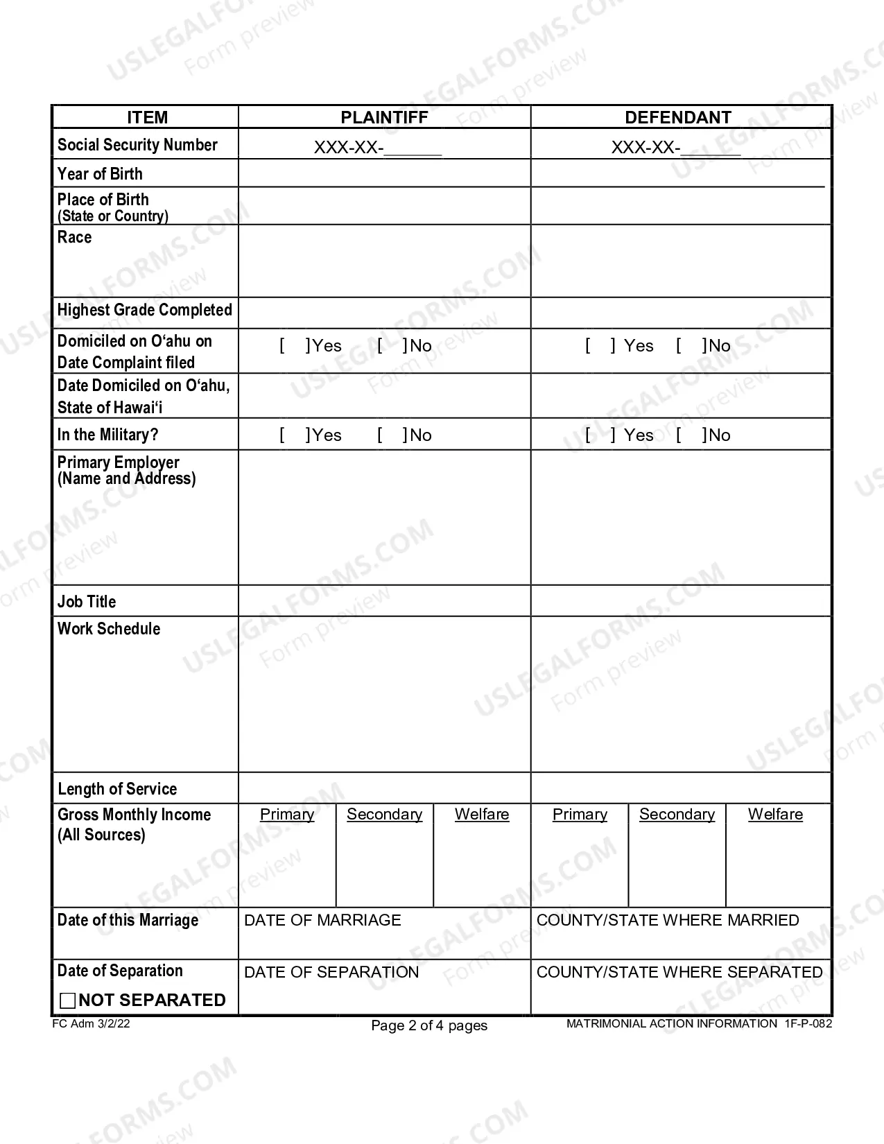 Preview Matrimonial Action Information