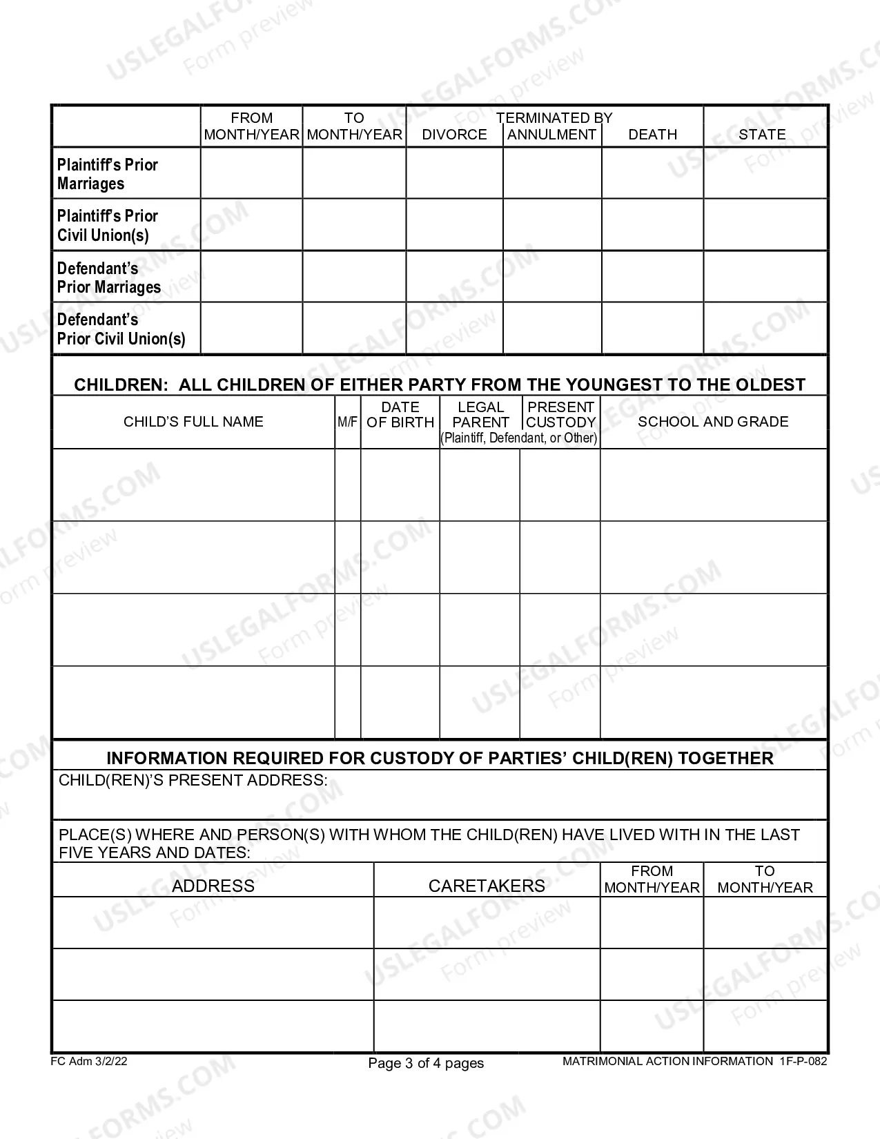 Preview Matrimonial Action Information