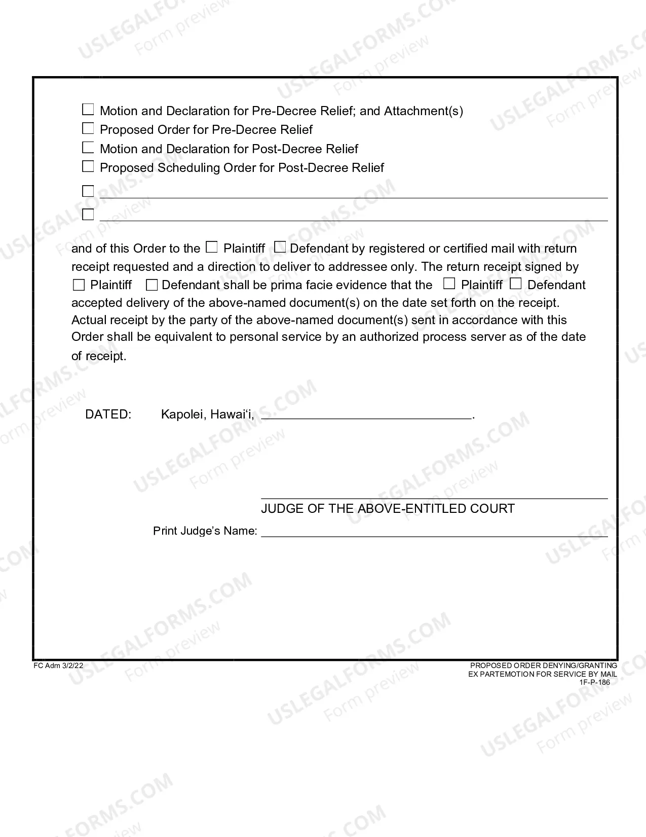 Preview Motion For Service By Mail and Declaration - Order For Service By Mail