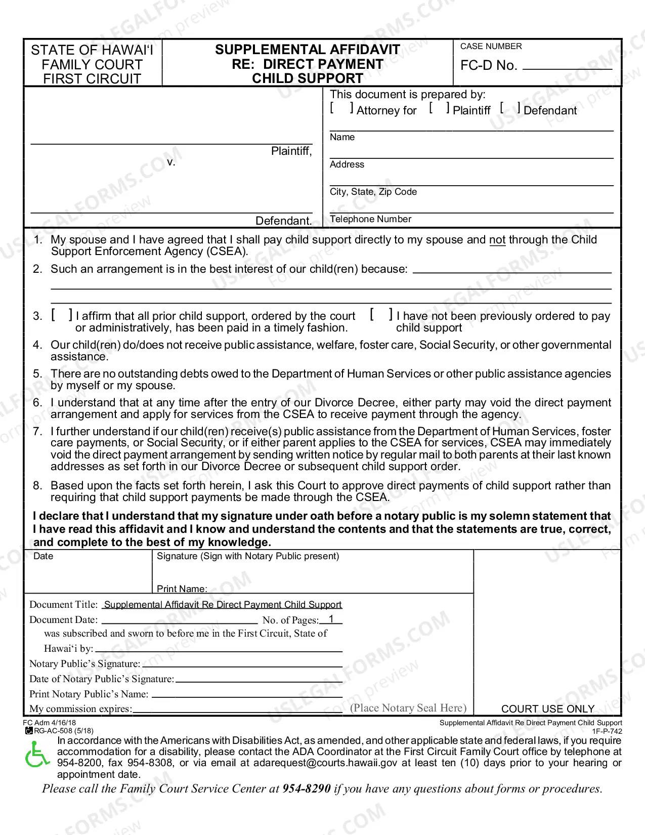 Preview Supplemental Affidavit Re Direct Payment Child Support