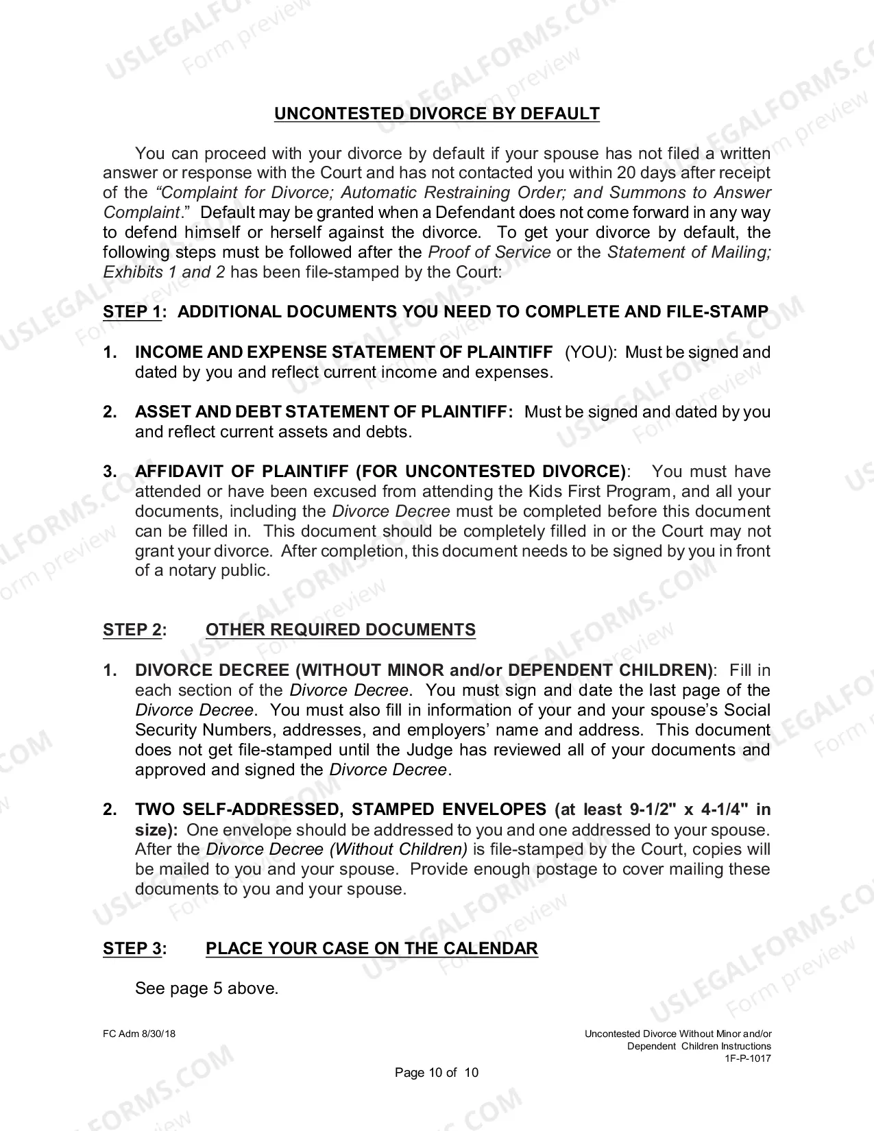 Preview Uncontested Divorce Without Children Instructions