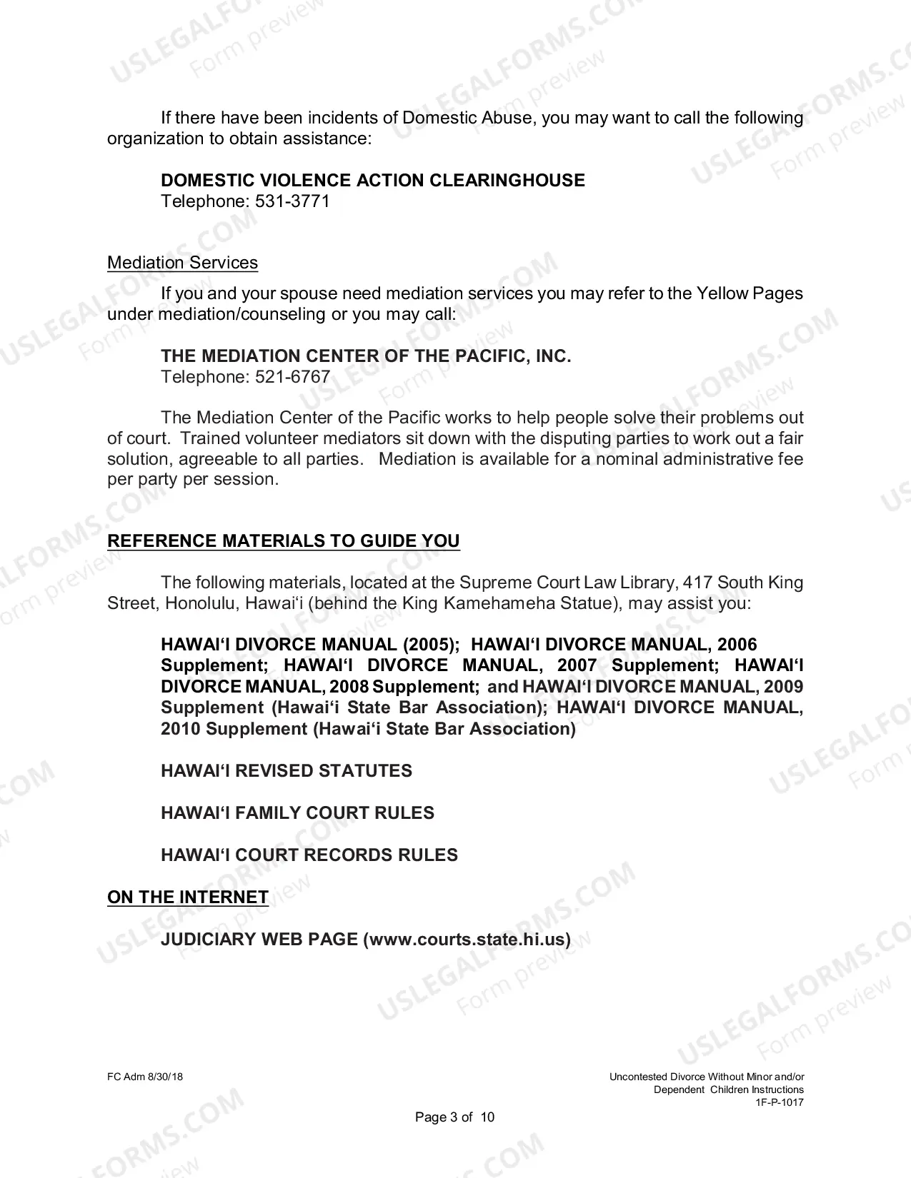 Preview Uncontested Divorce Without Children Instructions