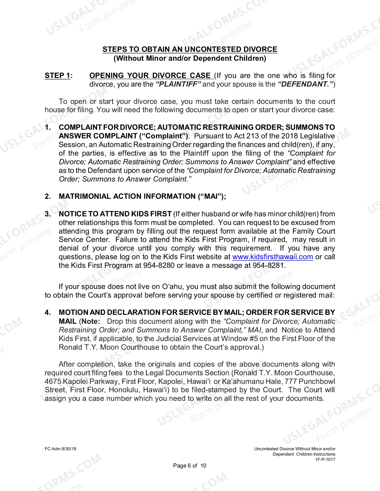 Preview Uncontested Divorce Without Children Instructions