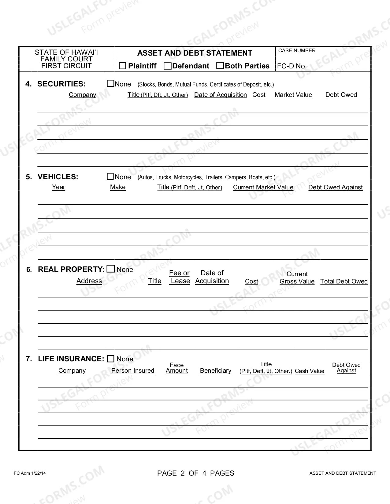 Preview Asset and Debt Statement (Form Only)