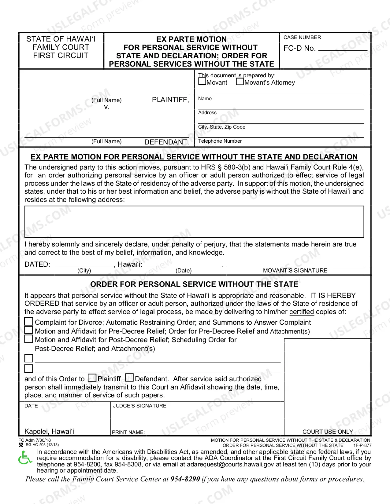 Preview Motion for Personal Service Without the State & Declaration