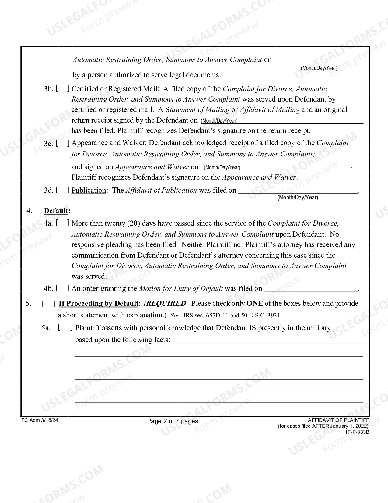 Preview Affidavit of Plaintiff (for Uncontested Divorce) (Form Only)