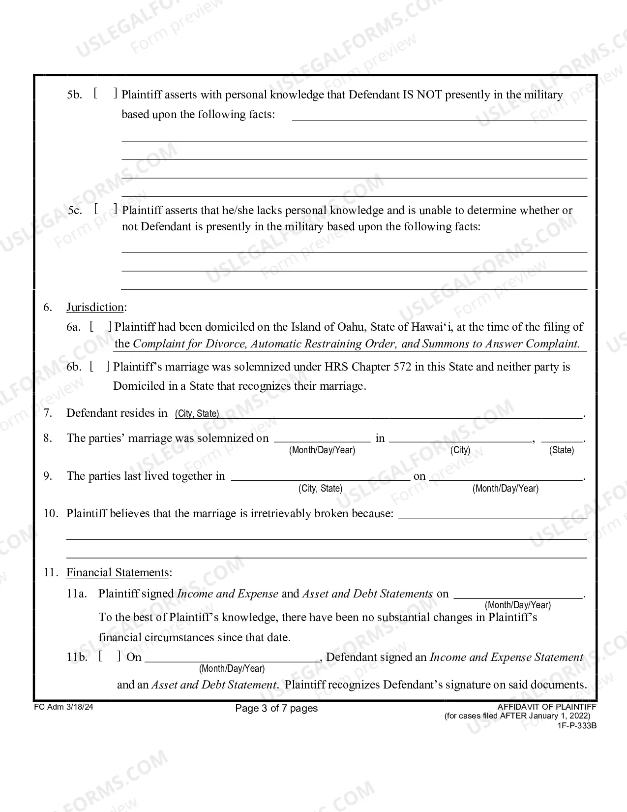 Preview Affidavit of Plaintiff (for Uncontested Divorce) (Form Only)
