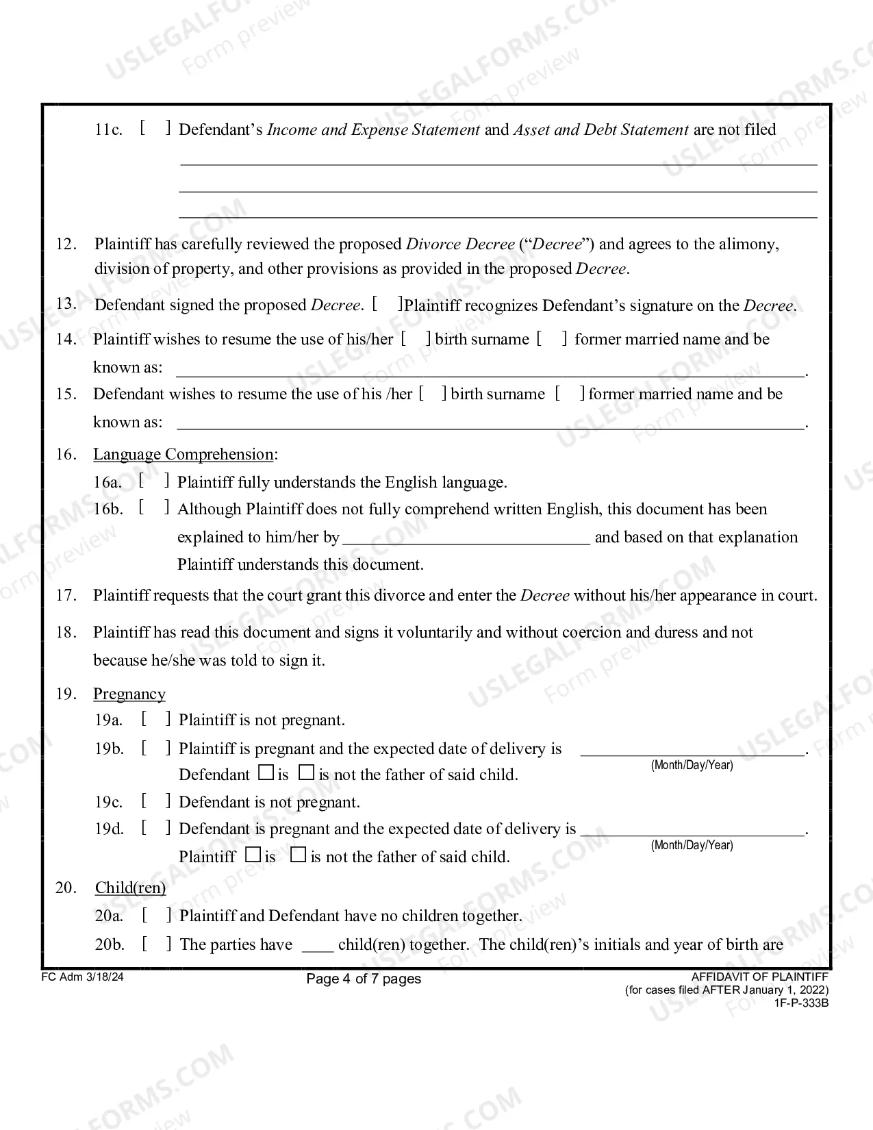 Preview Affidavit of Plaintiff (for Uncontested Divorce) (Form Only)