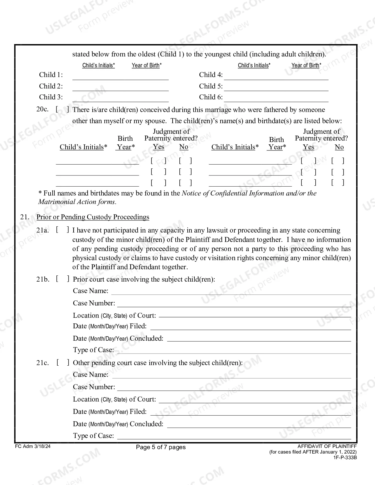 Preview Affidavit of Plaintiff (for Uncontested Divorce) (Form Only)