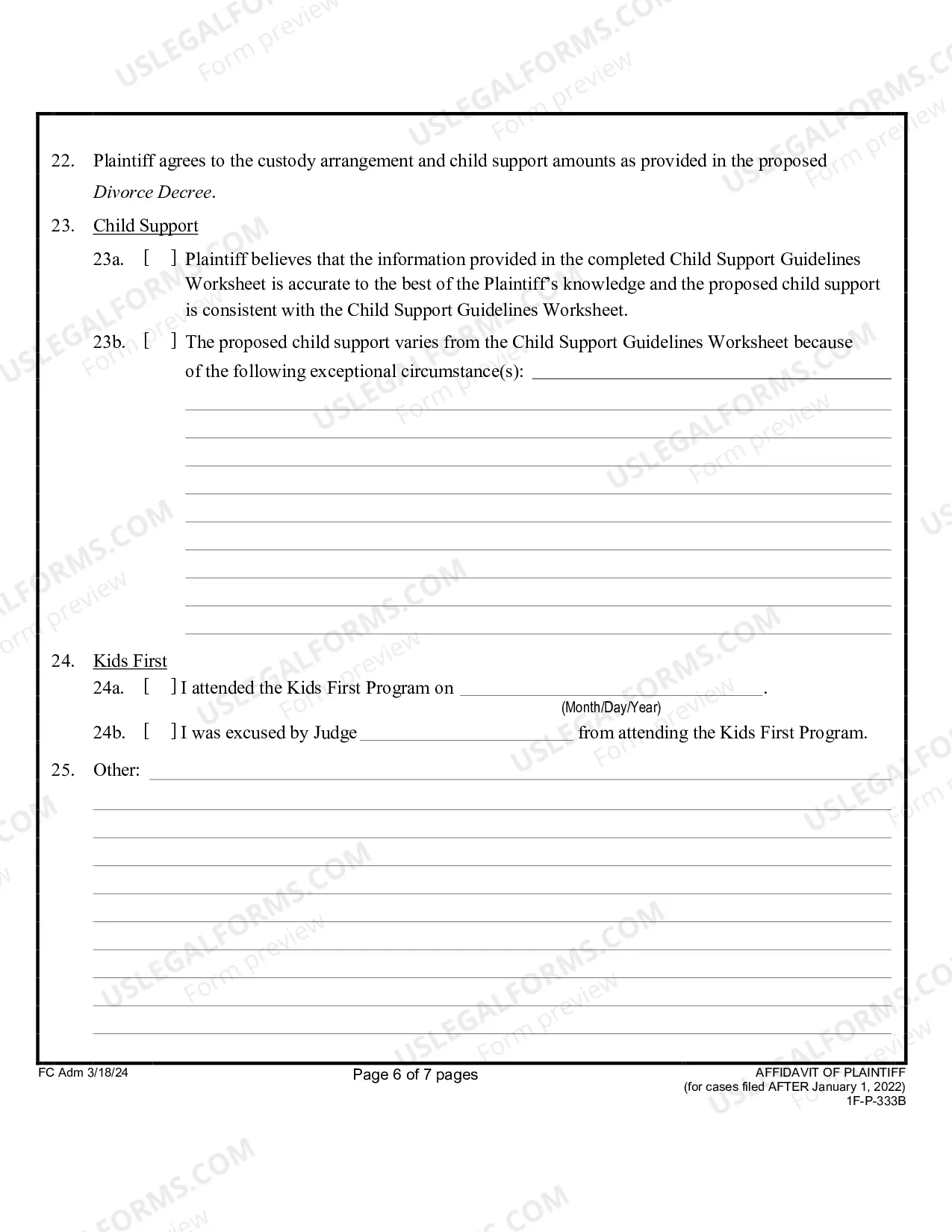 Preview Affidavit of Plaintiff (for Uncontested Divorce) (Form Only)