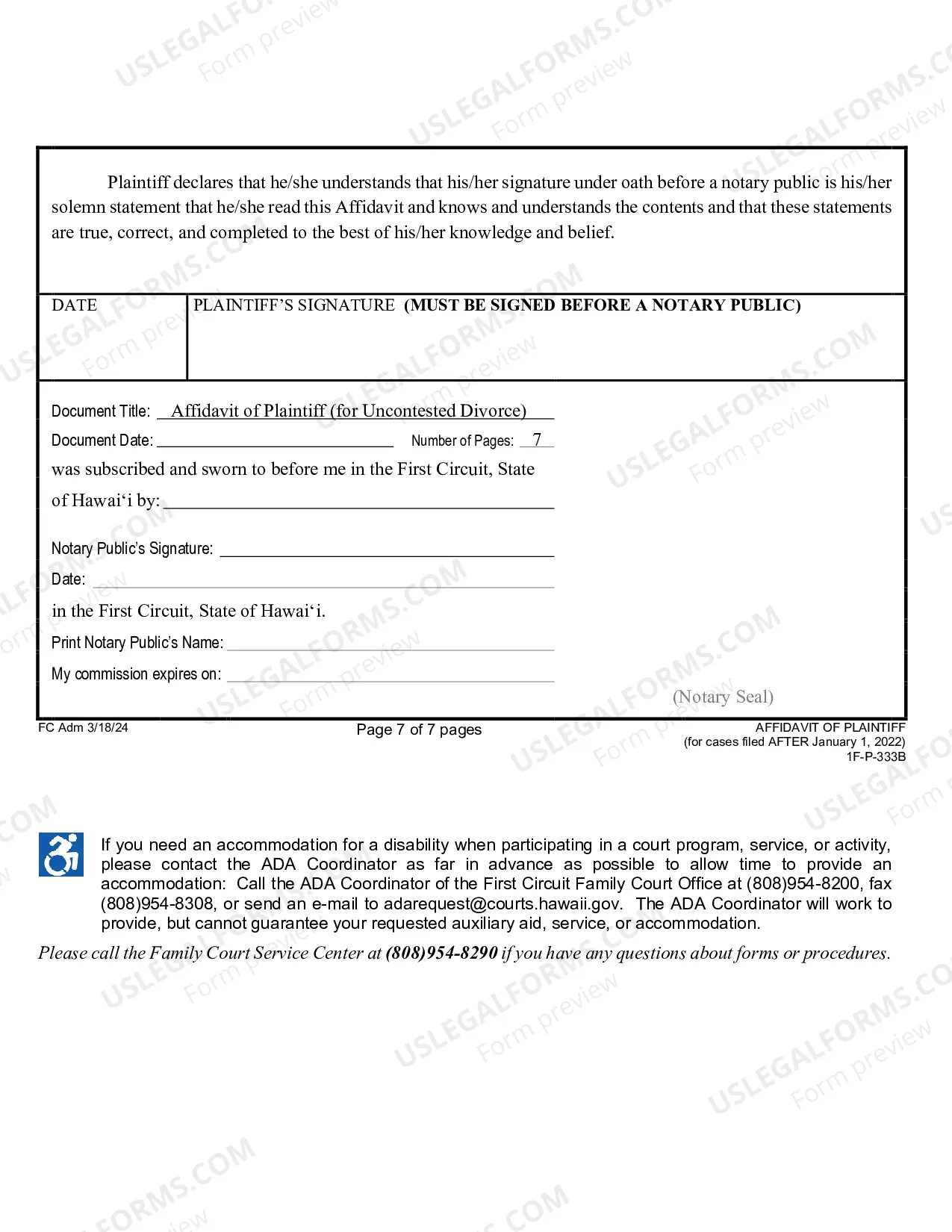 Preview Affidavit of Plaintiff (for Uncontested Divorce) (Form Only)