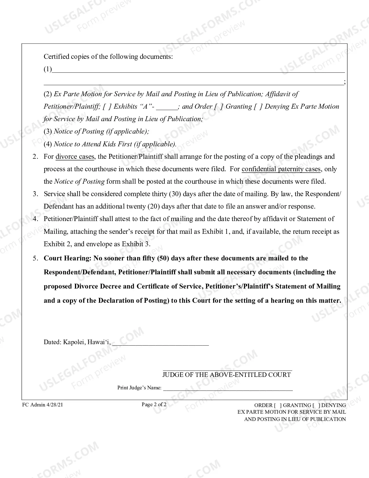 Preview Ex Parte Motion for Service by Mail and Posting in Lieu of Publication