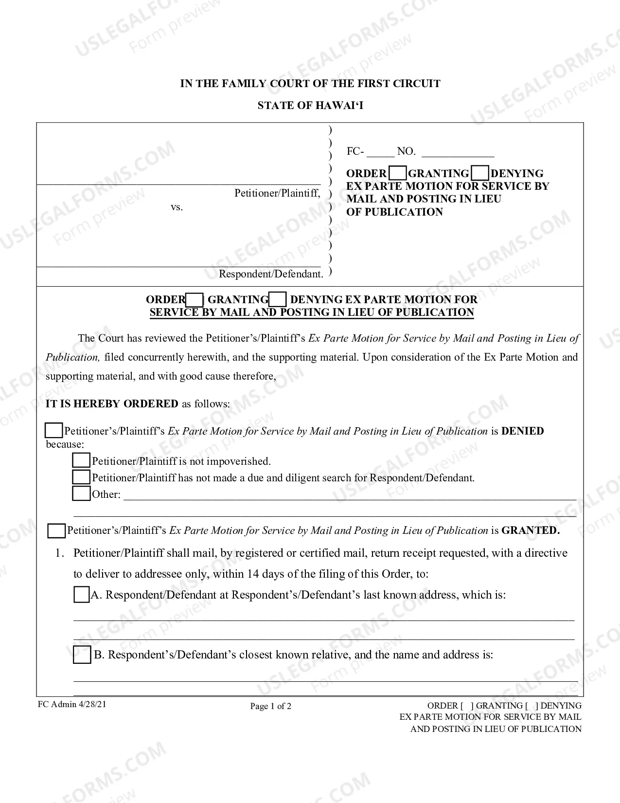 Preview Ex Parte Motion for Service by Mail and Posting in Lieu of Publication