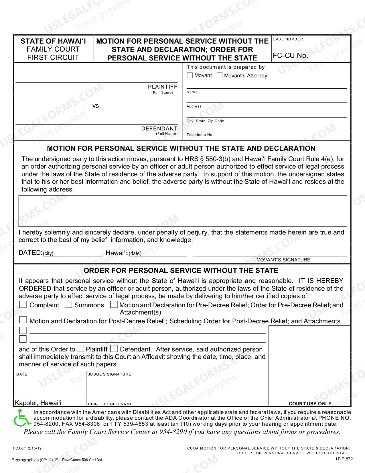 Preview Motion and Declaration for Personal Service Without the State and Order