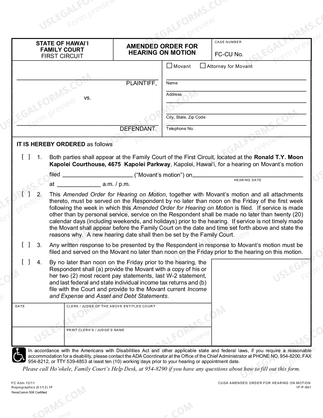 Preview Amended Order for Hearing on Motion