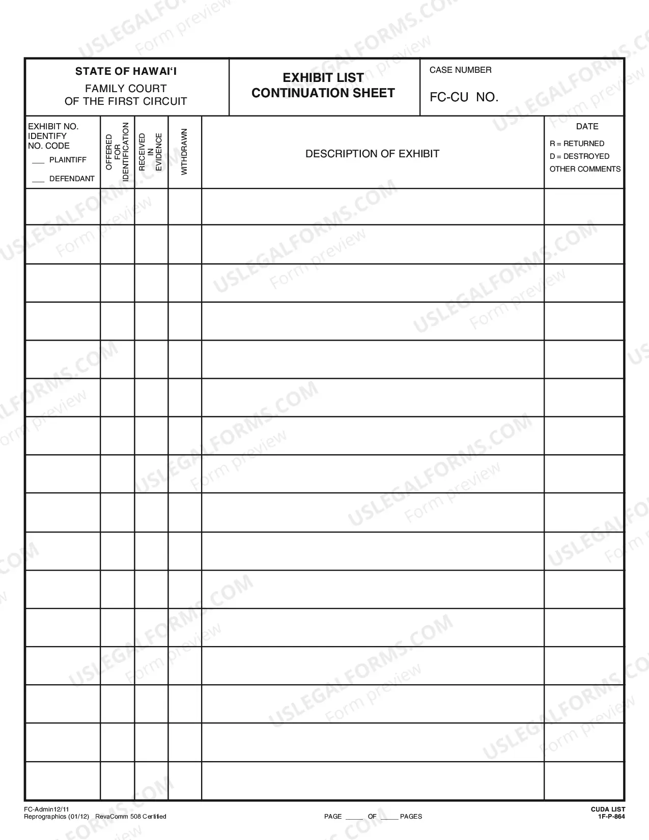 Preview Exhibit List and Exhibit List Continuation Sheet