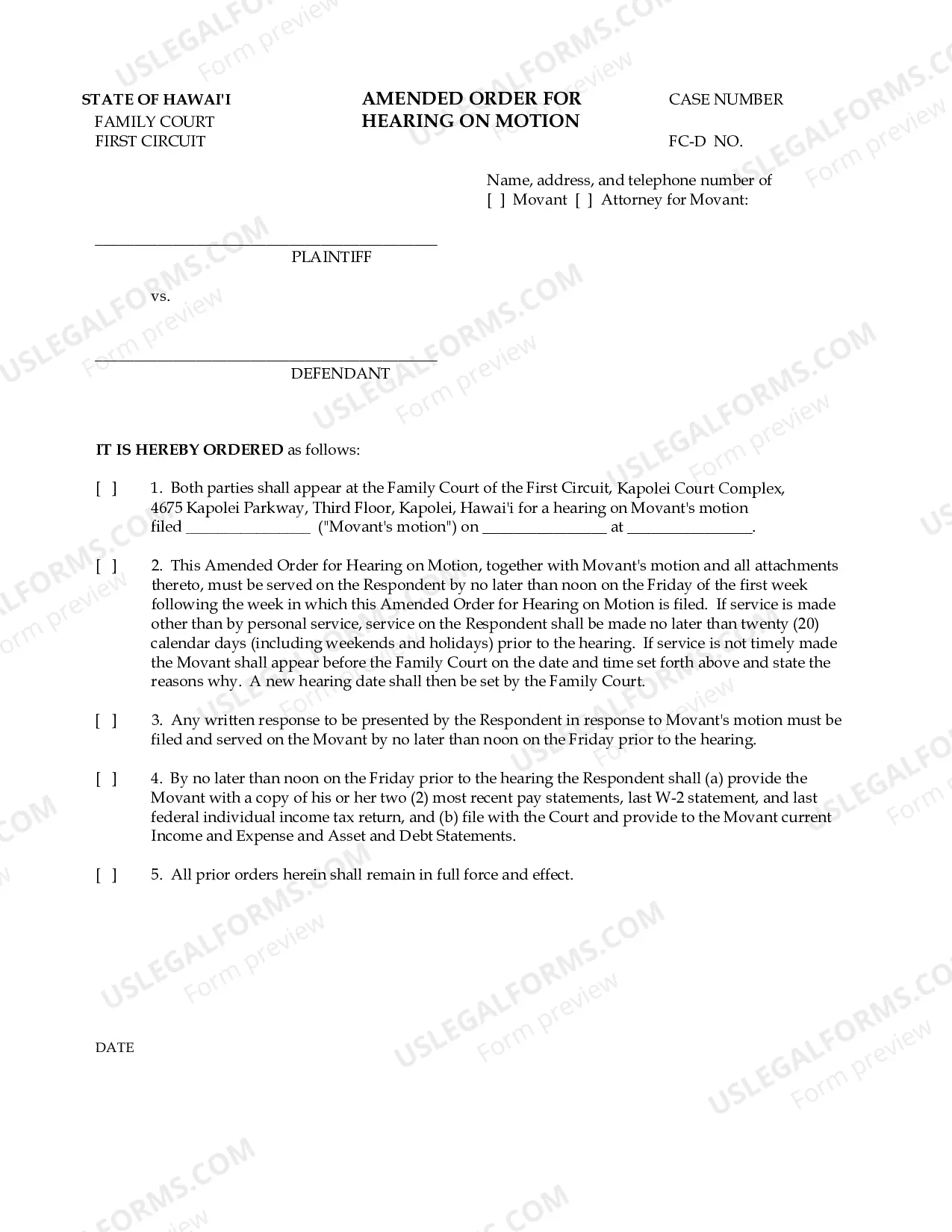 Preview Amended Order For Hearing On Motion