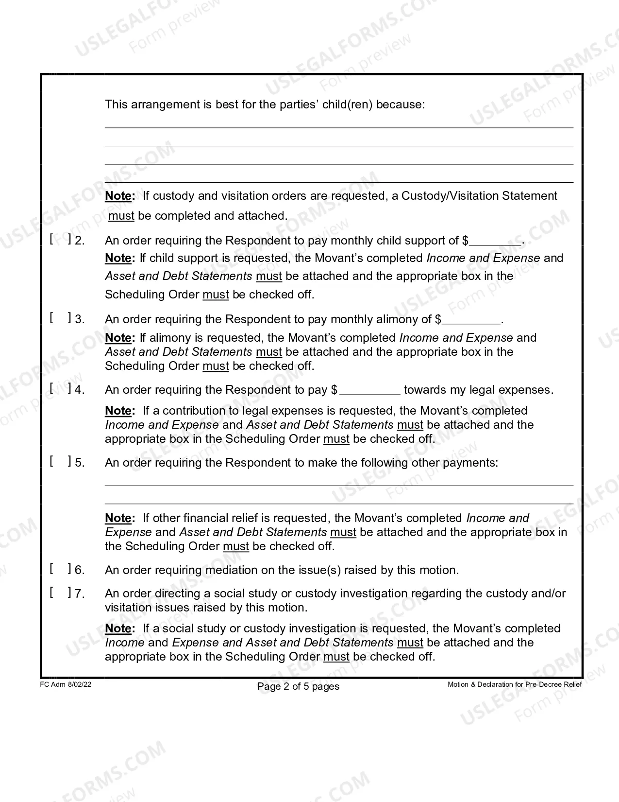 Preview Motion and Declaration For Pre-Decree Relief