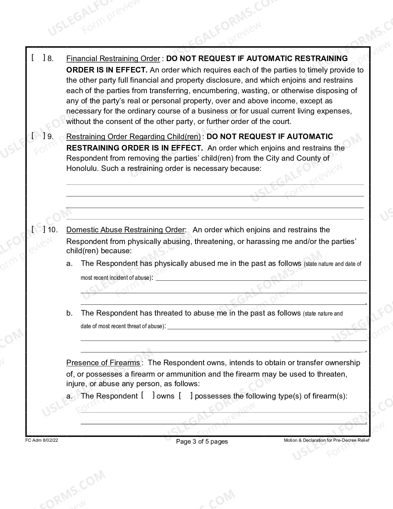 Preview Motion and Declaration For Pre-Decree Relief