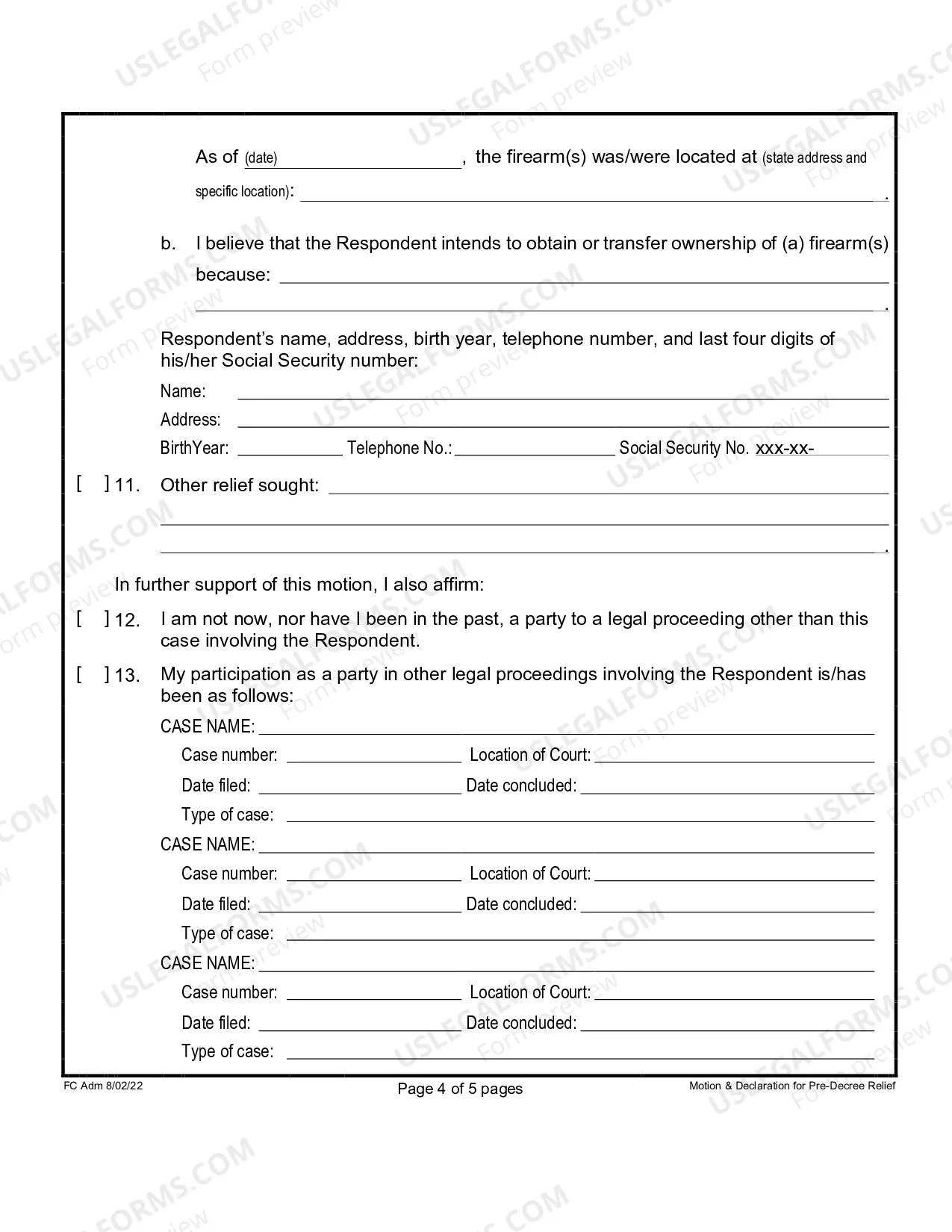 Preview Motion and Declaration For Pre-Decree Relief