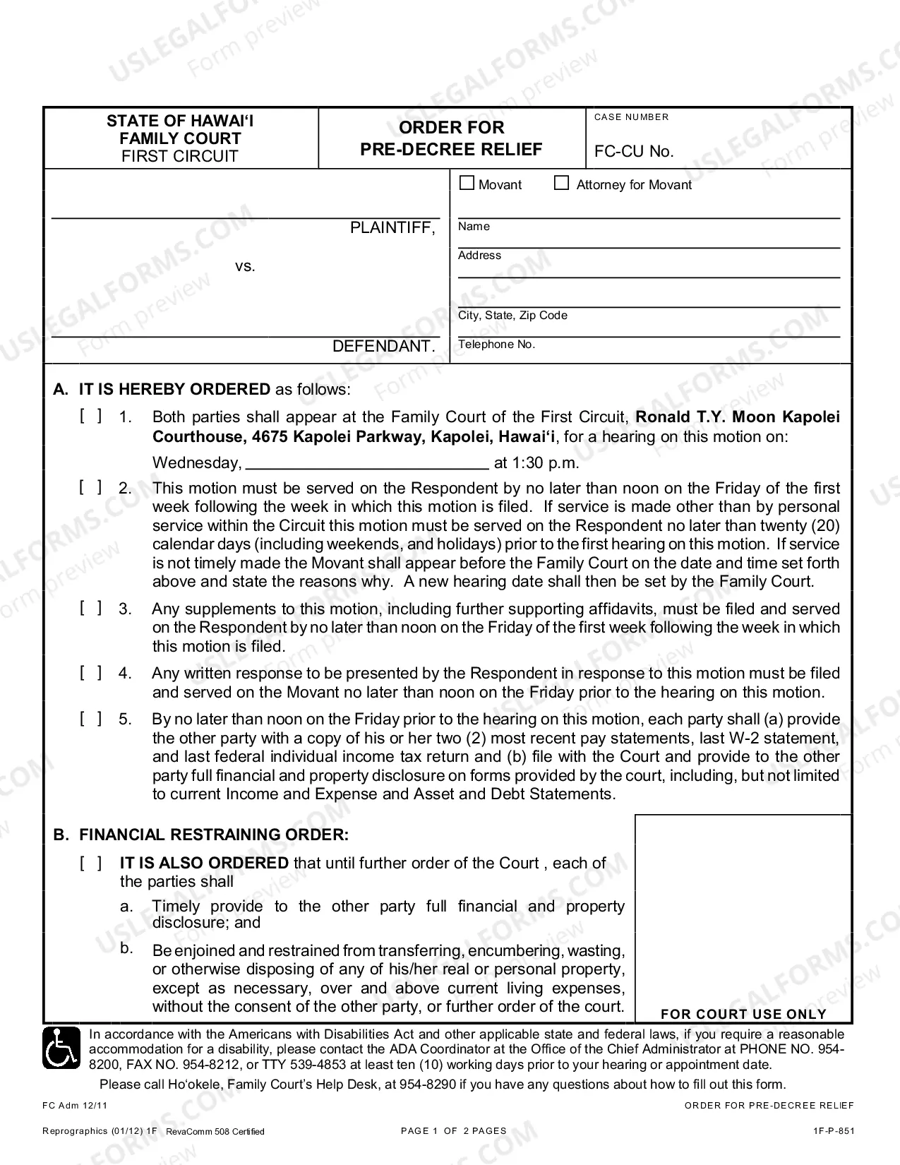 Preview Order For Pre-Decree Relief