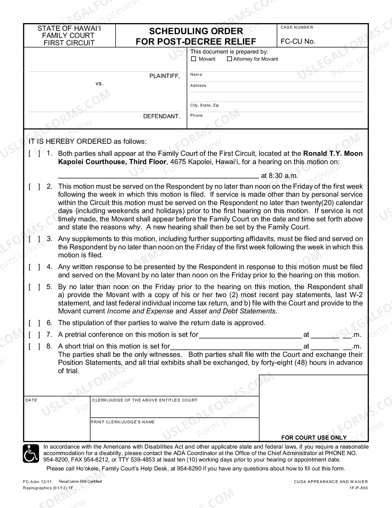 Preview Scheduling Order For Post-Decree Relief
