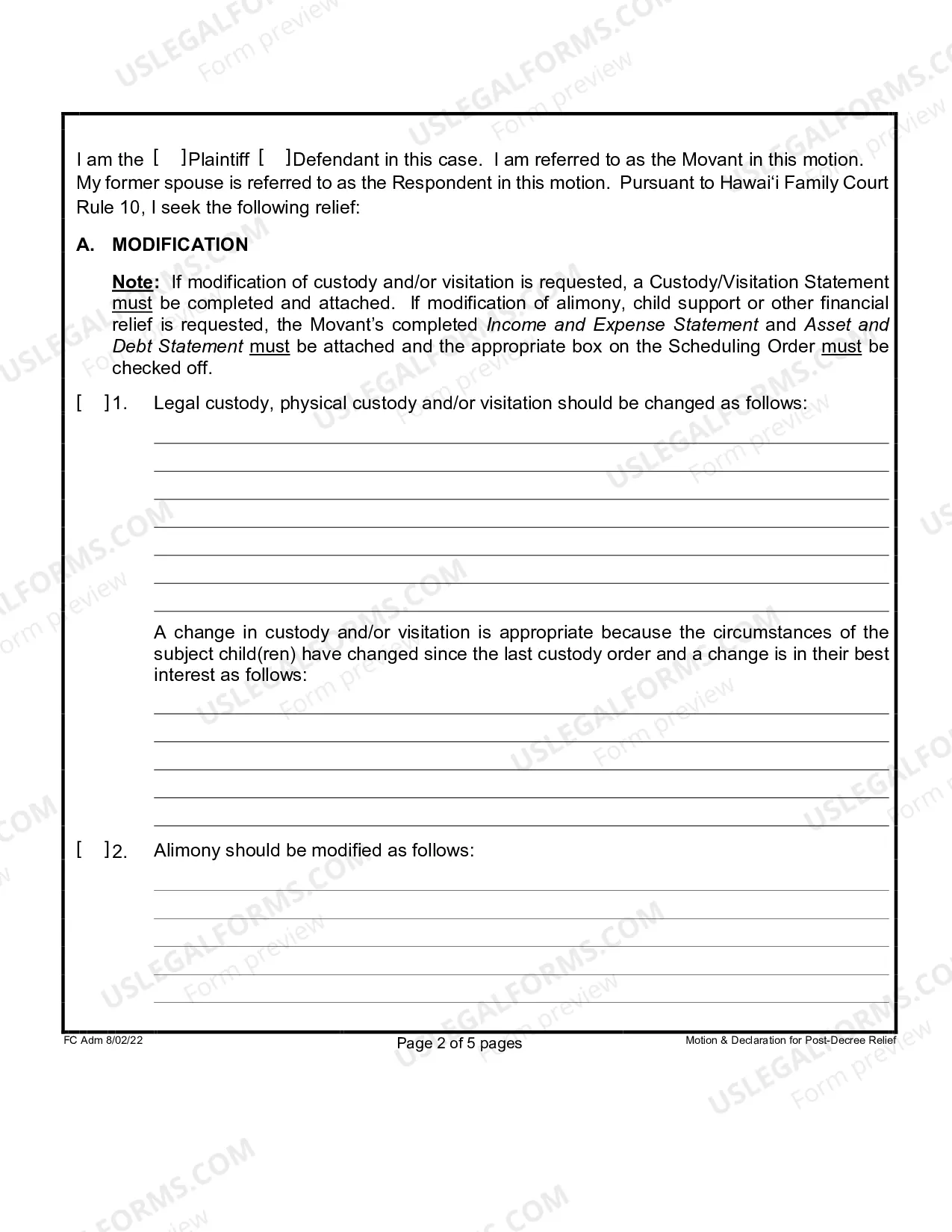 Preview Motion and Declaration for Post-Decree Relief