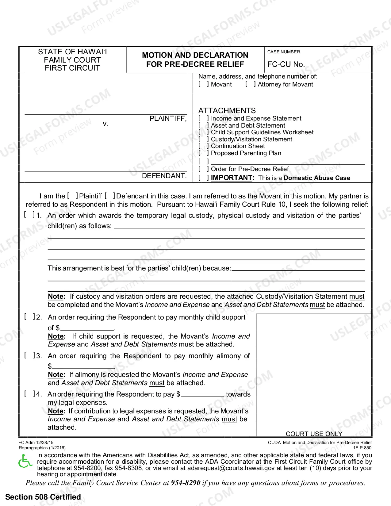 Preview Motion and Declaration for Pre-Decree Relief