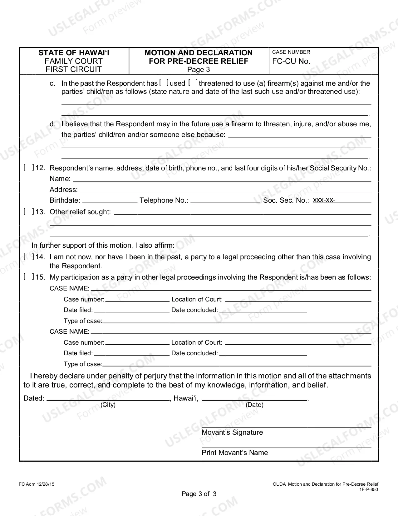 Preview Motion and Declaration for Pre-Decree Relief