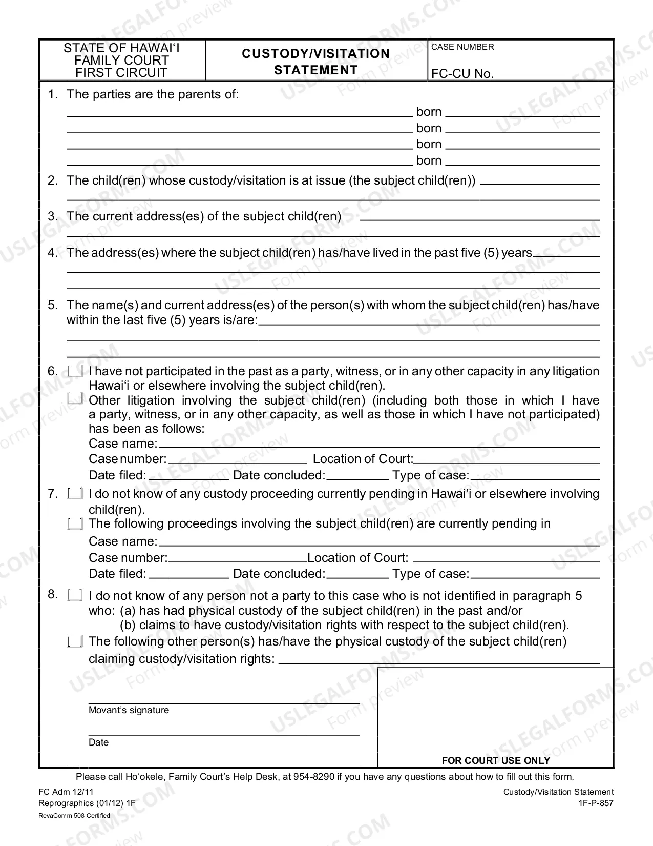 Preview Custody/Visitation Statement