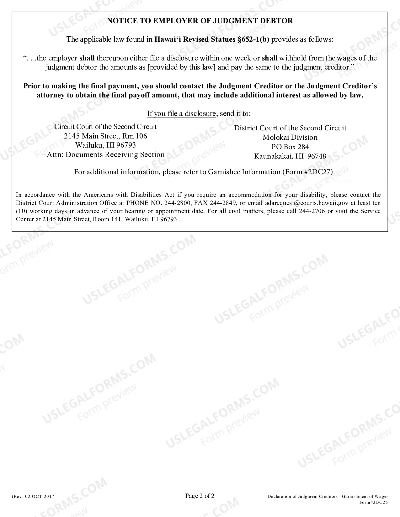Preview Declaration of Judgment Creditor For Garnishment of Wages