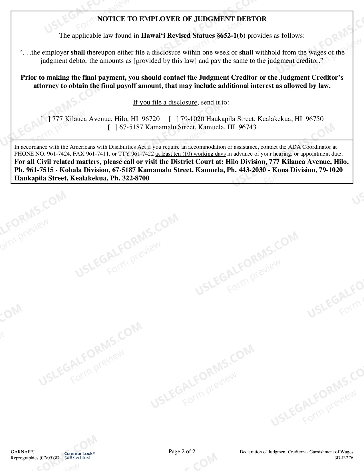 Preview Declaration of Judgment Creditors For Garnishment of Wages