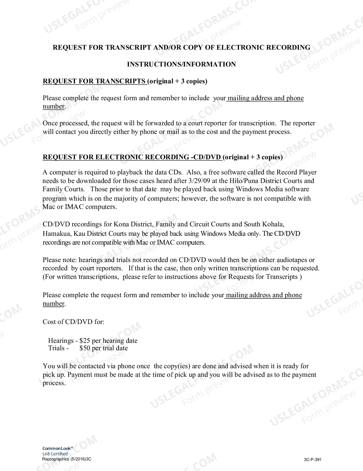 Preview Request for Transcript and Recording - Non Appeal (Instructions and Form)