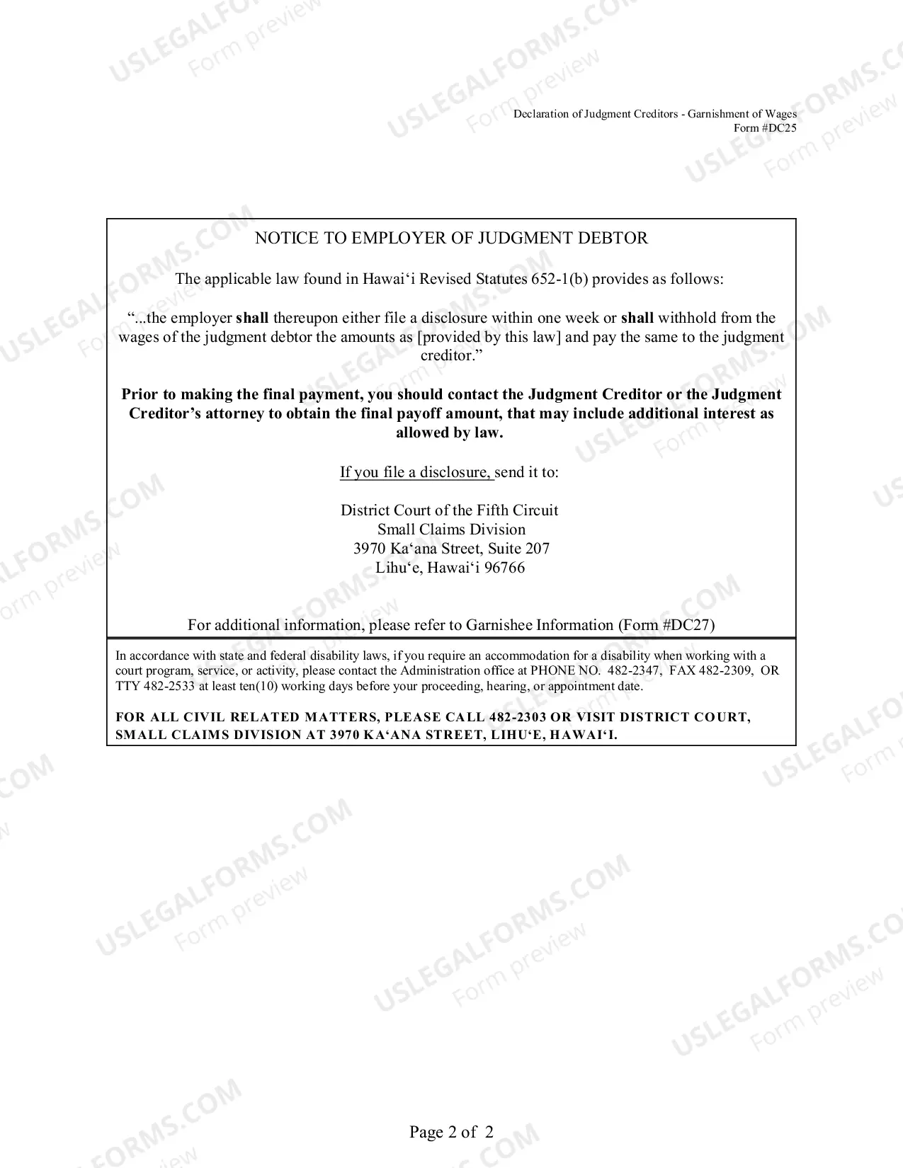 Preview Declaration of Judgment Creditor For Garnishment of Wages