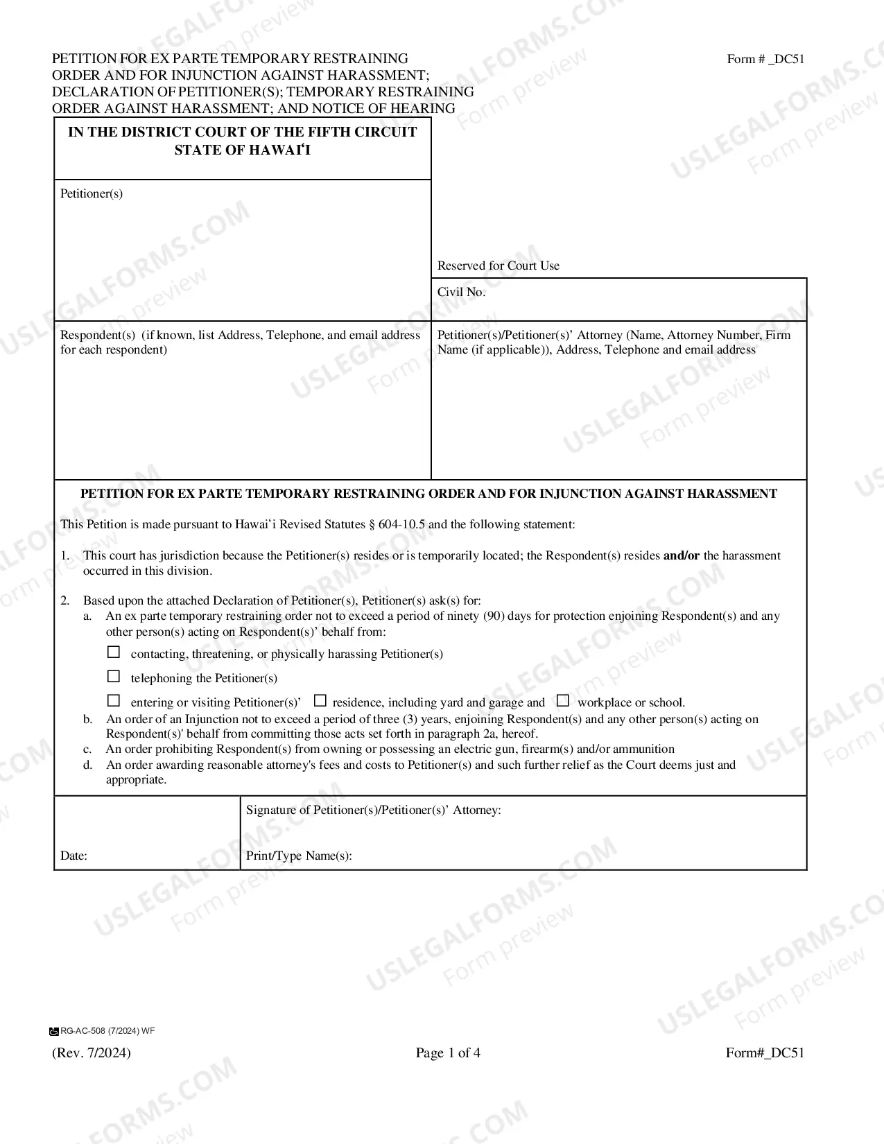 Preview Petition For Ex Parte Temporary Restraining Order and For Injunction Against Harassment