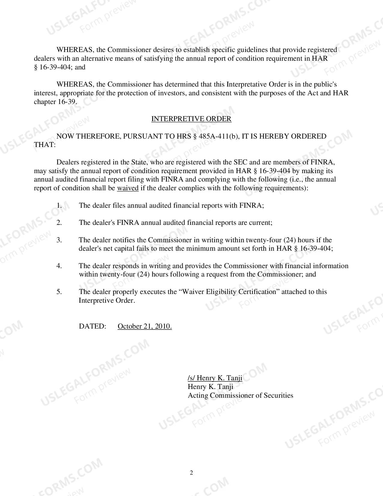 Preview Waiver Eligibility Certification For Filing of Annual Report of Condition By Dealers Registered In Hawaii
