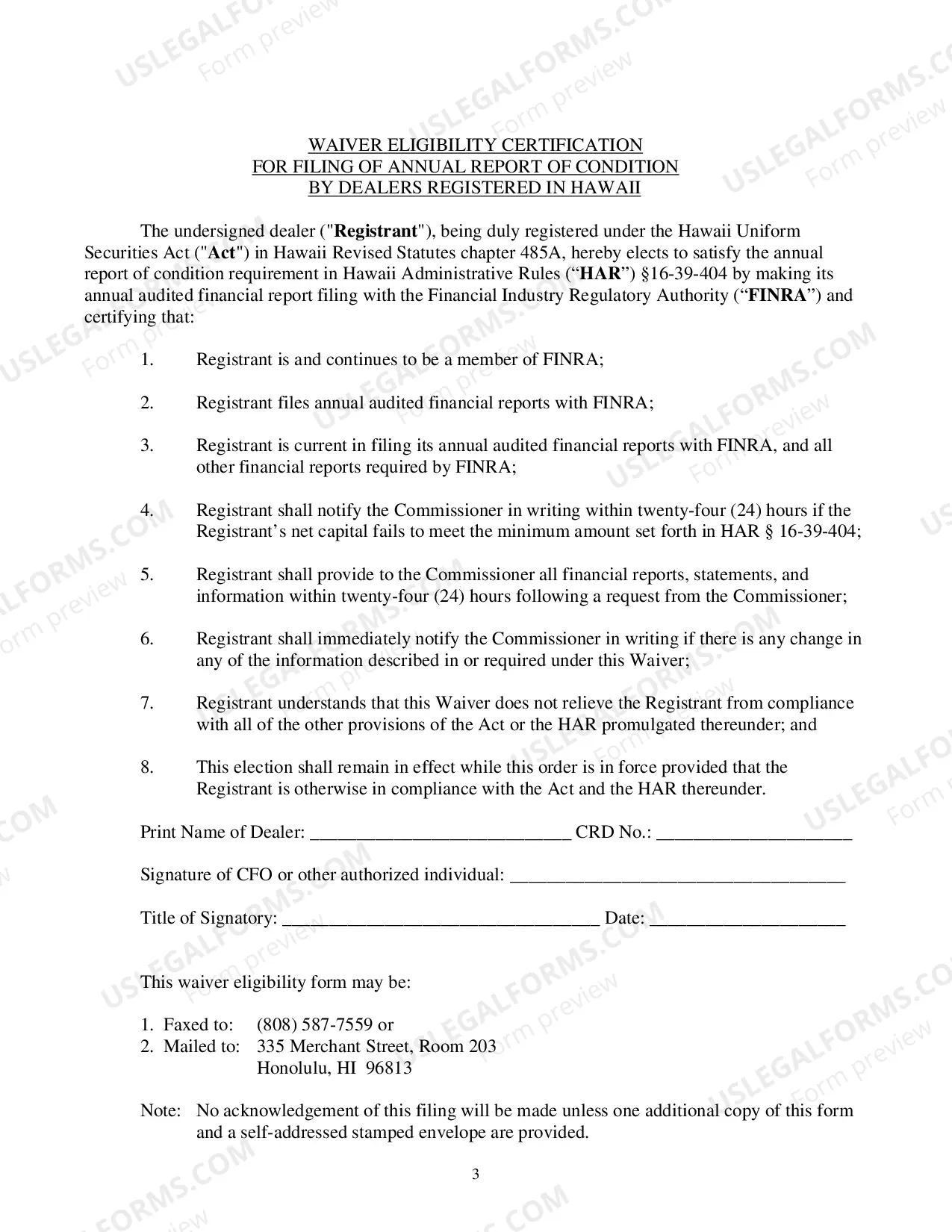 Preview Waiver Eligibility Certification For Filing of Annual Report of Condition By Dealers Registered In Hawaii
